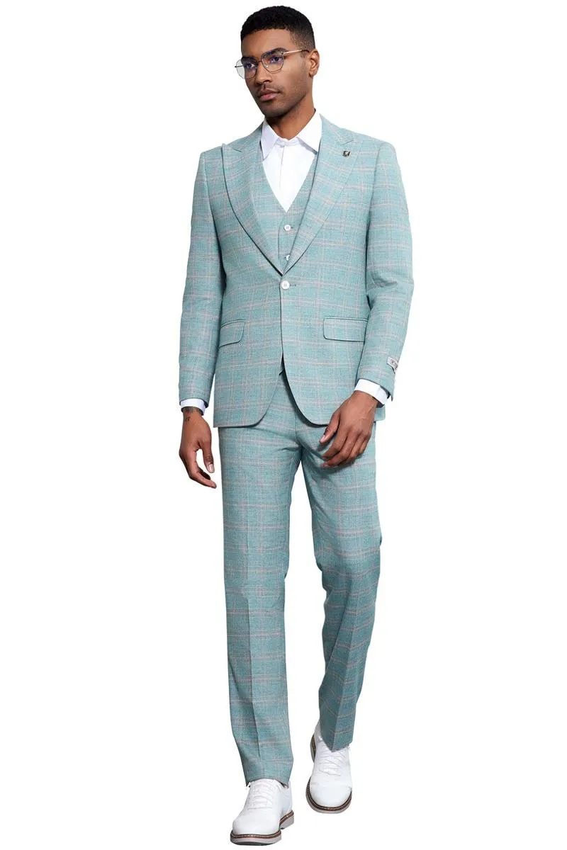 Men's Stacy Adams Vested Peak Lapel Light Turquoise Green Plaid Prom & Wedding Suit sold by Alberto Nardoni product image thumbnail 2