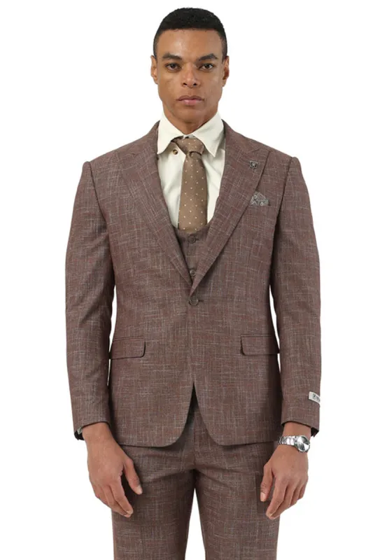 Men's Stacy Adams One Button Peak Lapel Vested Suit in Brown Sharkskin Windowpane sold by Alberto Nardoni