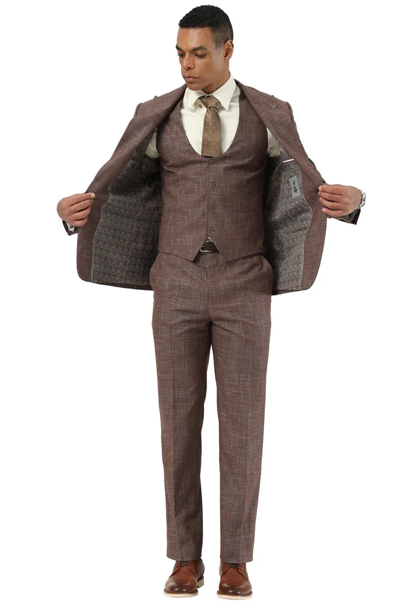 Men's Stacy Adams One Button Peak Lapel Vested Suit in Brown Sharkskin Windowpane sold by Alberto Nardoni product image thumbnail 2