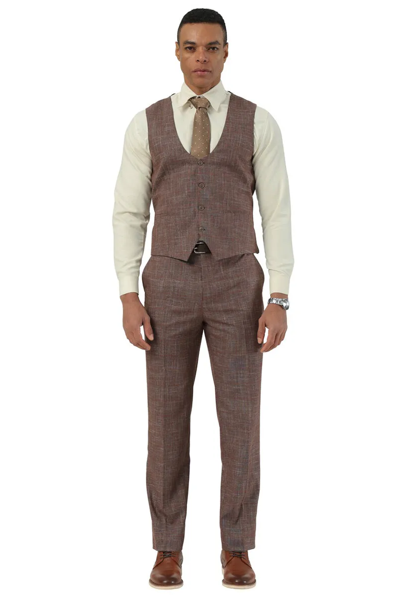 Men's Stacy Adams One Button Peak Lapel Vested Suit in Brown Sharkskin Windowpane sold by Alberto Nardoni product image thumbnail 3