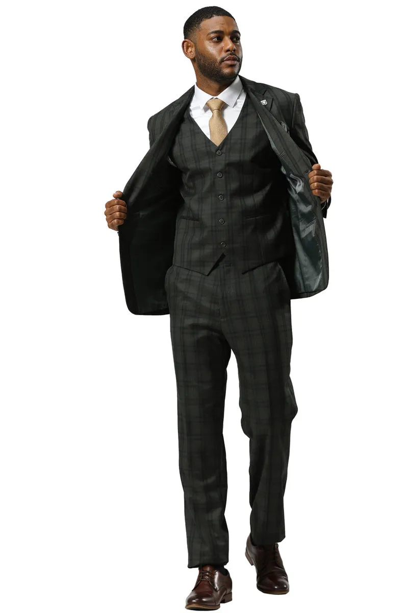 Men's Stacy Adams Modern Fit Vested Suit in Dark Hunter Green Double Windowpane Plaid sold by Alberto Nardoni product image thumbnail 3