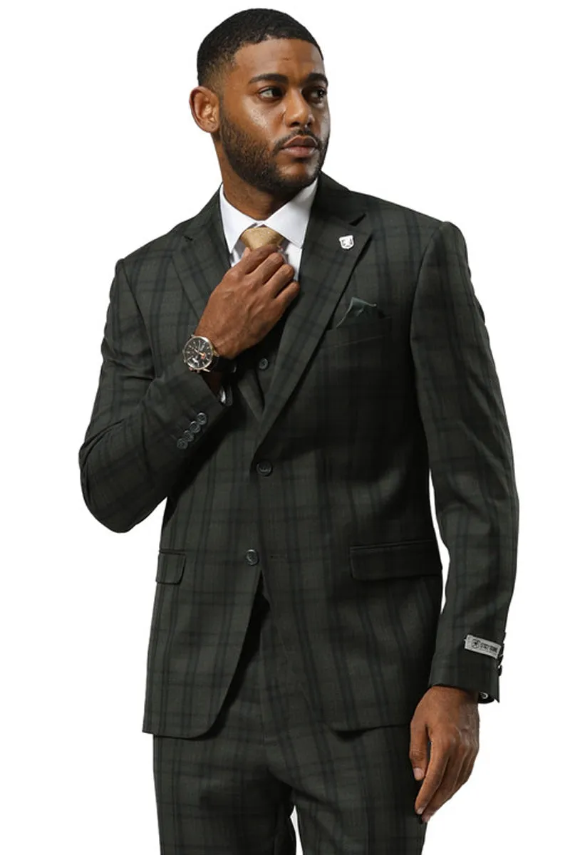 Men's Stacy Adams Modern Fit Vested Suit in Dark Hunter Green Double Windowpane Plaid sold by Alberto Nardoni