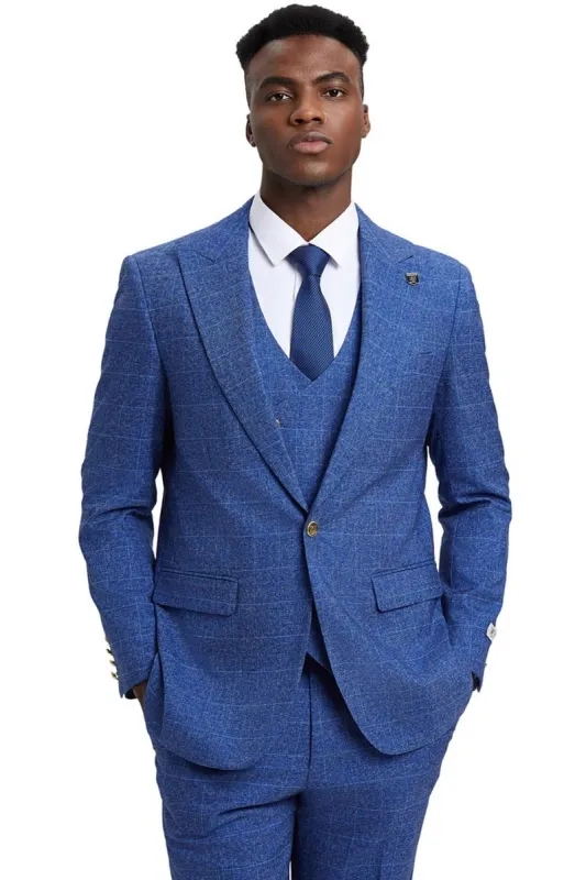 Men's Stacy Adams Peak Lapel Suit with Double Breasted Vest in Blue Windowpane Plaid sold by Alberto Nardoni