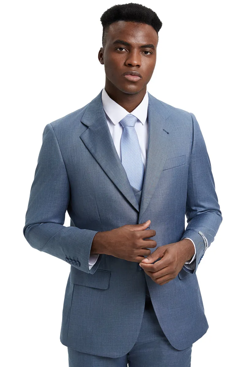 Men's Two Button Vested Stacy Adams Designer Sharkskin Suit in Steel Light Blue sold by Alberto Nardoni