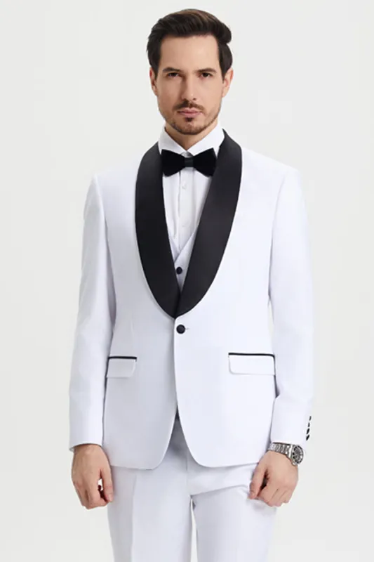 Men's Stacy Adams Vested One Button Shawl Lapel Designer Tuxedo in White made by Stacy Adams