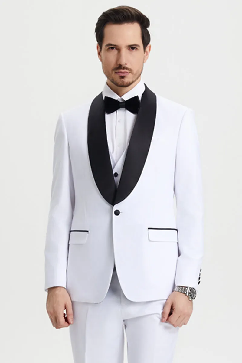 Men's Stacy Adams Vested One Button Shawl Lapel Designer Tuxedo in White sold by Alberto Nardoni