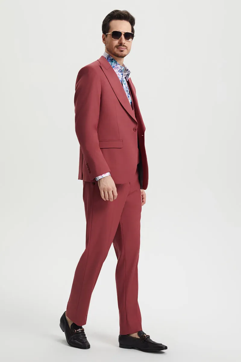 Men's Vested One Button Peak Lapel Stacy Adams Designer Suit in Coral Blush Pink sold by Alberto Nardoni product image thumbnail 2