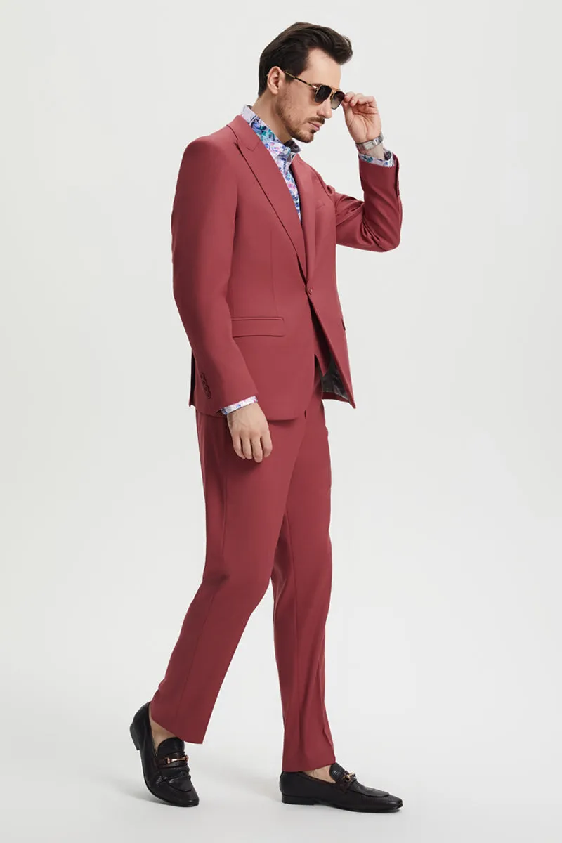 Men's Vested One Button Peak Lapel Stacy Adams Designer Suit in Coral Blush Pink sold by Alberto Nardoni product image thumbnail 3