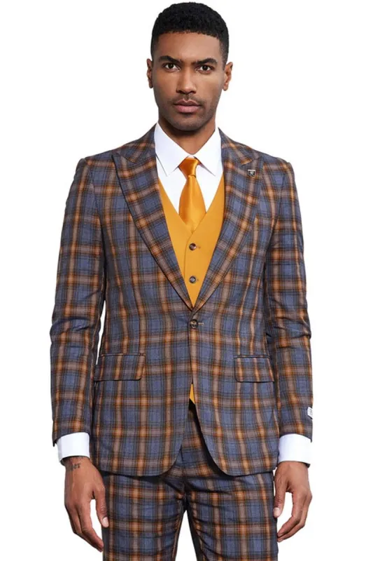 Men's Stacy Adams Bold Windowpane Plaid Print Vested Suit in Grey & Gold sold by Alberto Nardoni