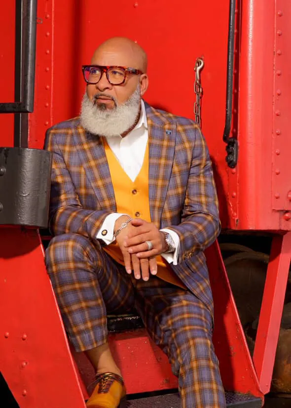 Men's Stacy Adams Bold Windowpane Plaid Print Vested Suit in Grey & Gold sold by Alberto Nardoni product image thumbnail 5