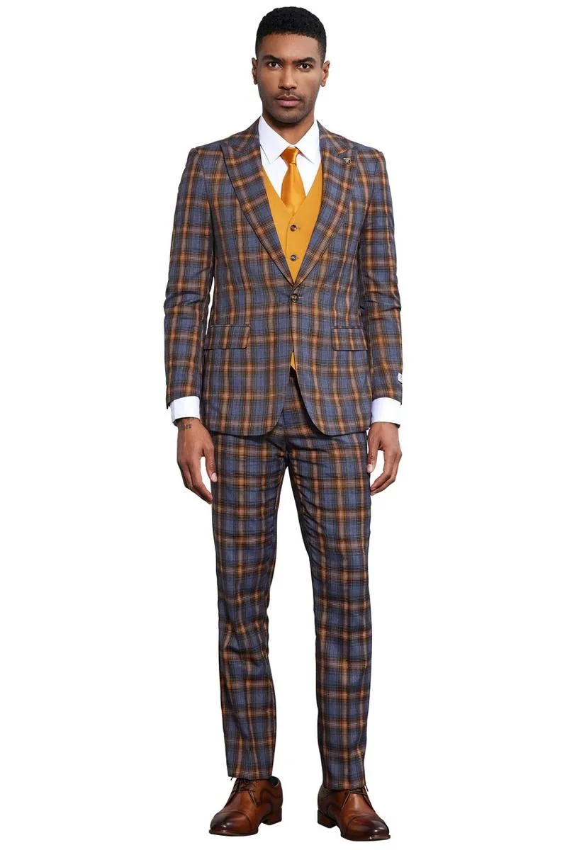 Men's Stacy Adams Bold Windowpane Plaid Print Vested Suit in Grey & Gold sold by Alberto Nardoni product image thumbnail 2