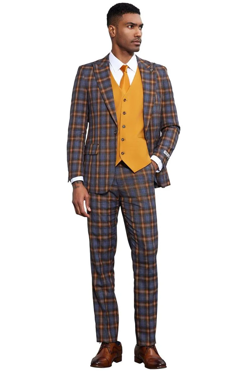 Men's Stacy Adams Bold Windowpane Plaid Print Vested Suit in Grey & Gold sold by Alberto Nardoni product image thumbnail 3