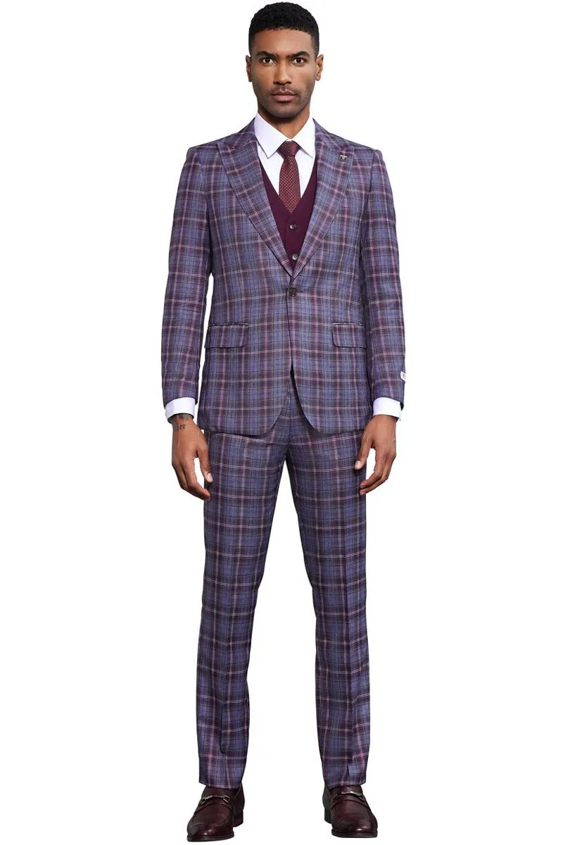 Men's Stacy Adams Bold Windowpane Plaid Print Vested Suit in Lavender & Purple sold by Alberto Nardoni product image thumbnail 2