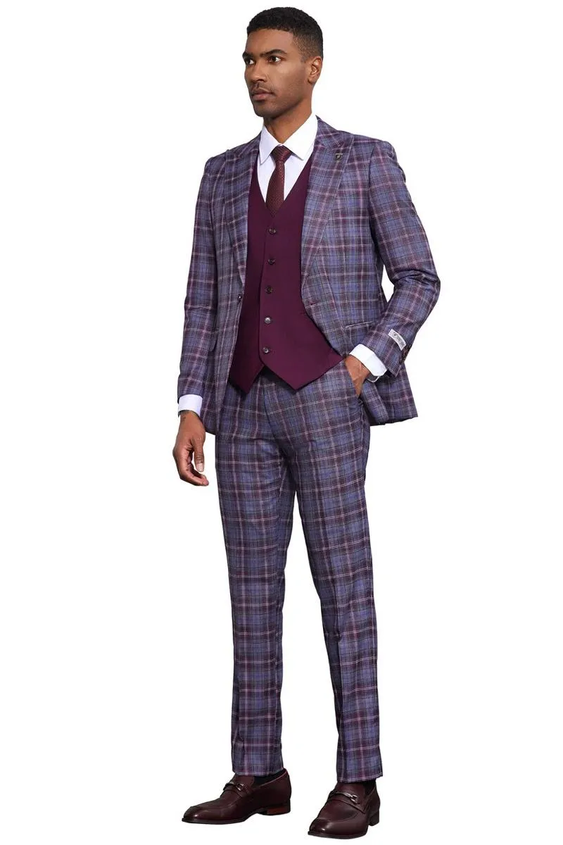 Men's Stacy Adams Bold Windowpane Plaid Print Vested Suit in Lavender & Purple sold by Alberto Nardoni product image thumbnail 3