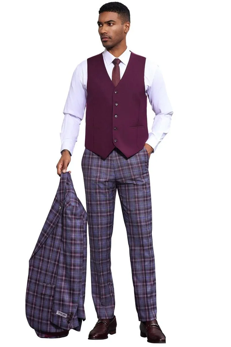 Men's Stacy Adams Bold Windowpane Plaid Print Vested Suit in Lavender & Purple sold by Alberto Nardoni product image thumbnail 4