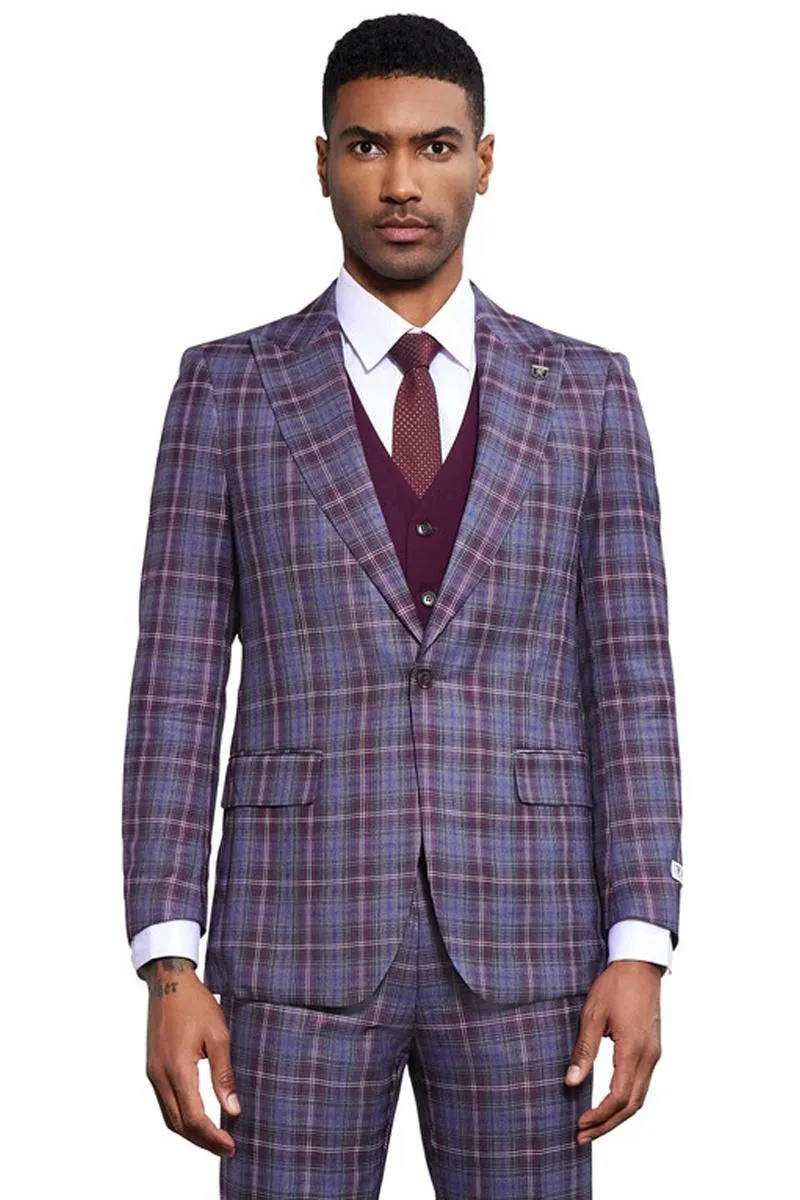 Men's Stacy Adams Bold Windowpane Plaid Print Vested Suit in Lavender & Purple sold by Alberto Nardoni
