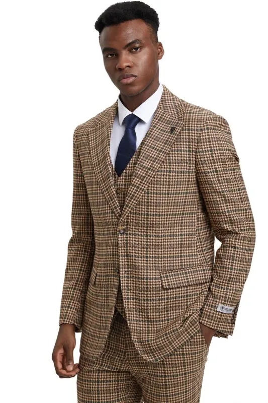 Men's Stacy Adams Vested Modern Fit Houndstooth Glen Plaid Suit in Camel & Green sold by Alberto Nardoni