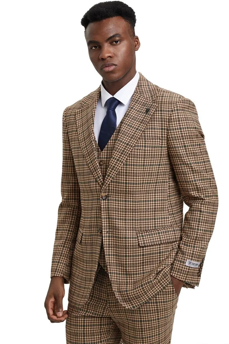 Men's Stacy Adams Vested Modern Fit Houndstooth Glen Plaid Suit in Camel & Green sold by Alberto Nardoni