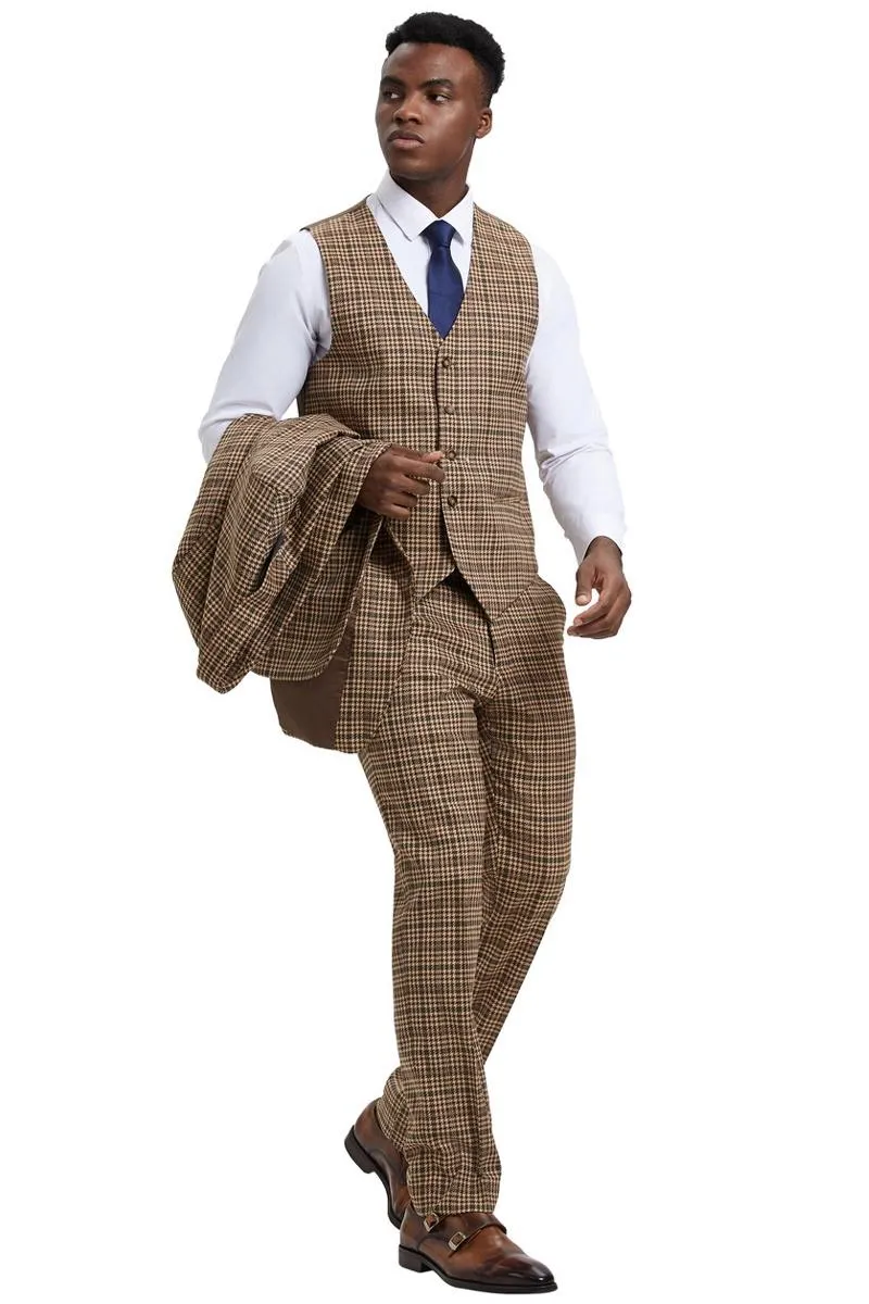 Men's Stacy Adams Vested Modern Fit Houndstooth Glen Plaid Suit in Camel & Green sold by Alberto Nardoni product image thumbnail 5