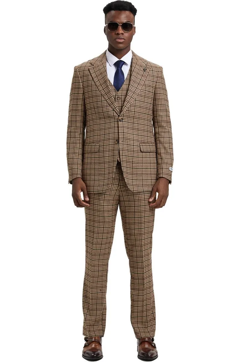 Men's Stacy Adams Vested Modern Fit Houndstooth Glen Plaid Suit in Camel & Green sold by Alberto Nardoni product image thumbnail 3