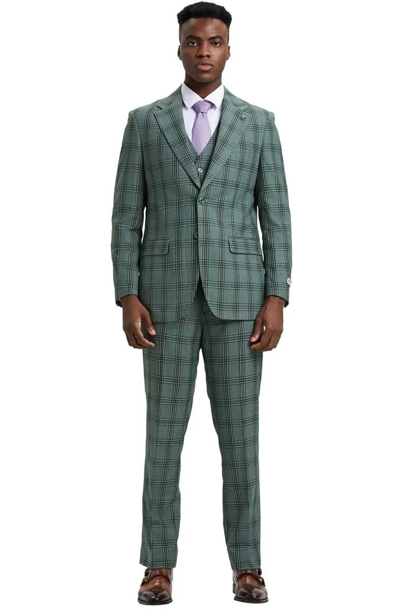 Men's Stacy Adams Two Button Vested Glen Plaid Check Suit in Light Olive Green sold by Alberto Nardoni product image thumbnail 2