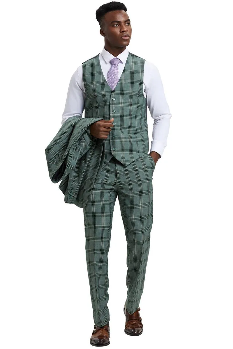 Men's Stacy Adams Two Button Vested Glen Plaid Check Suit in Light Olive Green sold by Alberto Nardoni product image thumbnail 3