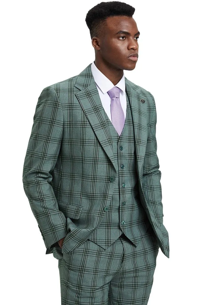 Men's Stacy Adams Two Button Vested Glen Plaid Check Suit in Light Olive Green sold by Alberto Nardoni product image thumbnail 4