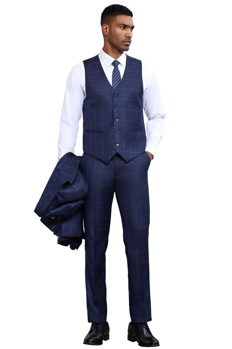 Men's Stacy Adams Classic One Button Vested Windowpane Suit in Navy Blue sold by Alberto Nardoni product image thumbnail 4