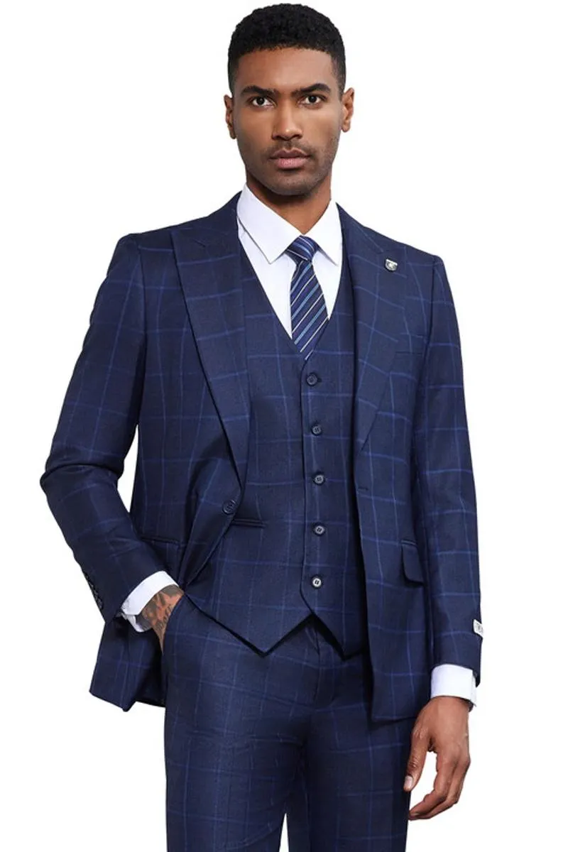 Men's Stacy Adams Classic One Button Vested Windowpane Suit in Navy Blue sold by Alberto Nardoni