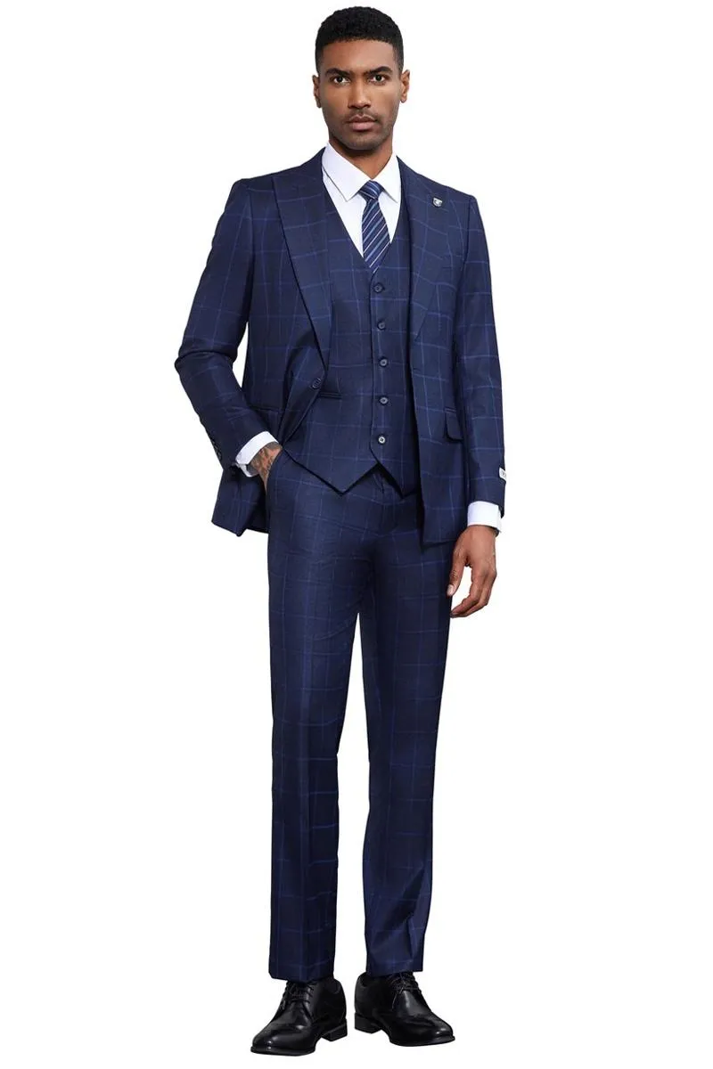 Men's Stacy Adams Classic One Button Vested Windowpane Suit in Navy Blue sold by Alberto Nardoni product image thumbnail 2