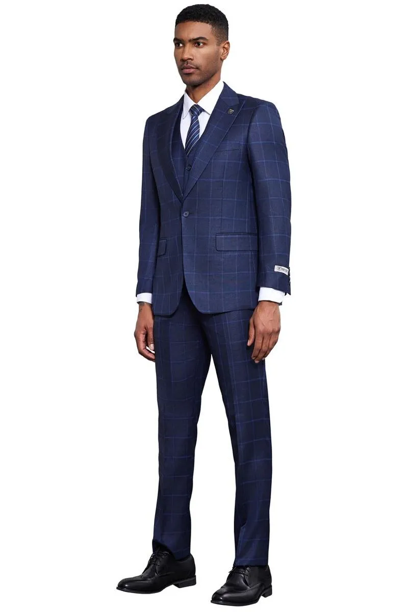 Men's Stacy Adams Classic One Button Vested Windowpane Suit in Navy Blue sold by Alberto Nardoni product image thumbnail 3