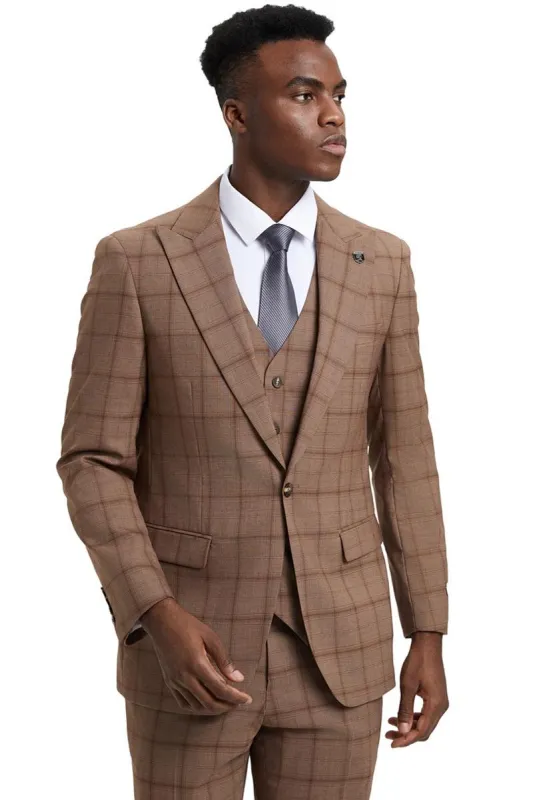 Men's Stacy Adams One Button Vested Suit in Light Brown Windowpane Plaid sold by Alberto Nardoni