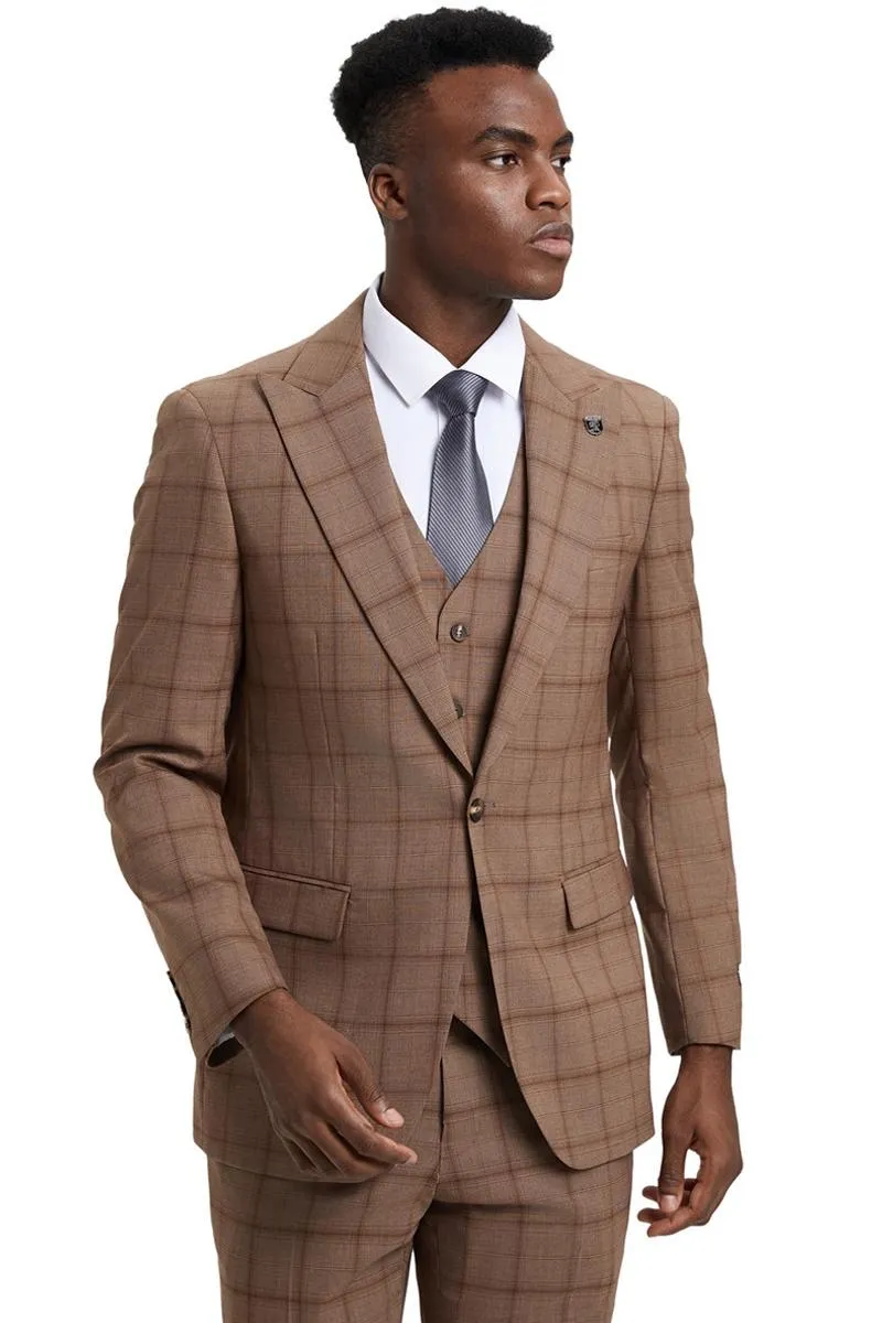 Men's Stacy Adams One Button Vested Suit in Light Brown Windowpane Plaid sold by Alberto Nardoni