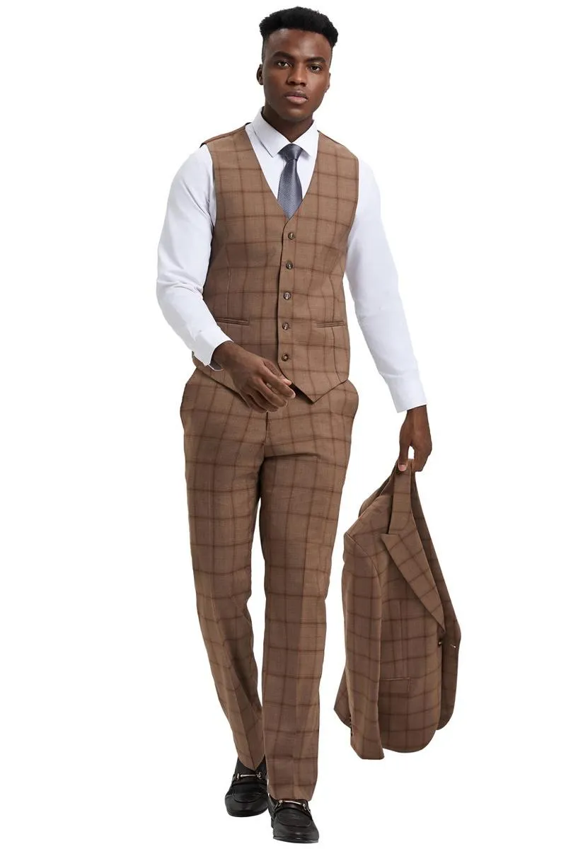 Men's Stacy Adams One Button Vested Suit in Light Brown Windowpane Plaid sold by Alberto Nardoni product image thumbnail 2