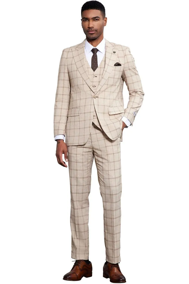 Men's Stacy Adams One Button Peak Lapel Vested Windowpane Plaid Suit in Tan sold by Alberto Nardoni product image thumbnail 4