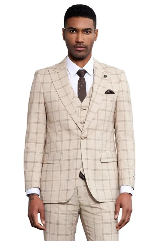 Men's Stacy Adams One Button Peak Lapel Vested Windowpane Plaid Suit in Tan sold by Alberto Nardoni