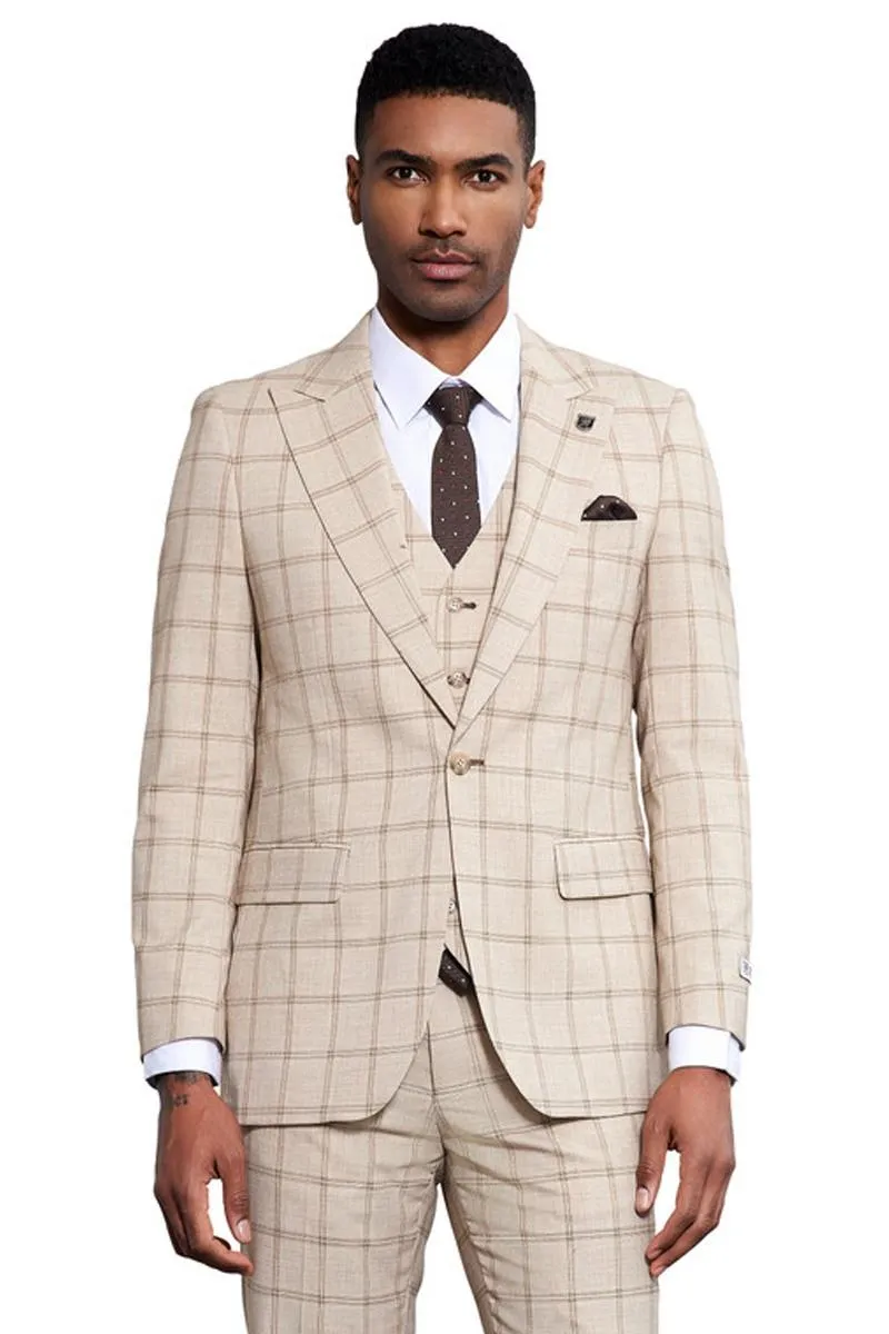 Men's Stacy Adams One Button Peak Lapel Vested Windowpane Plaid Suit in Tan sold by Alberto Nardoni