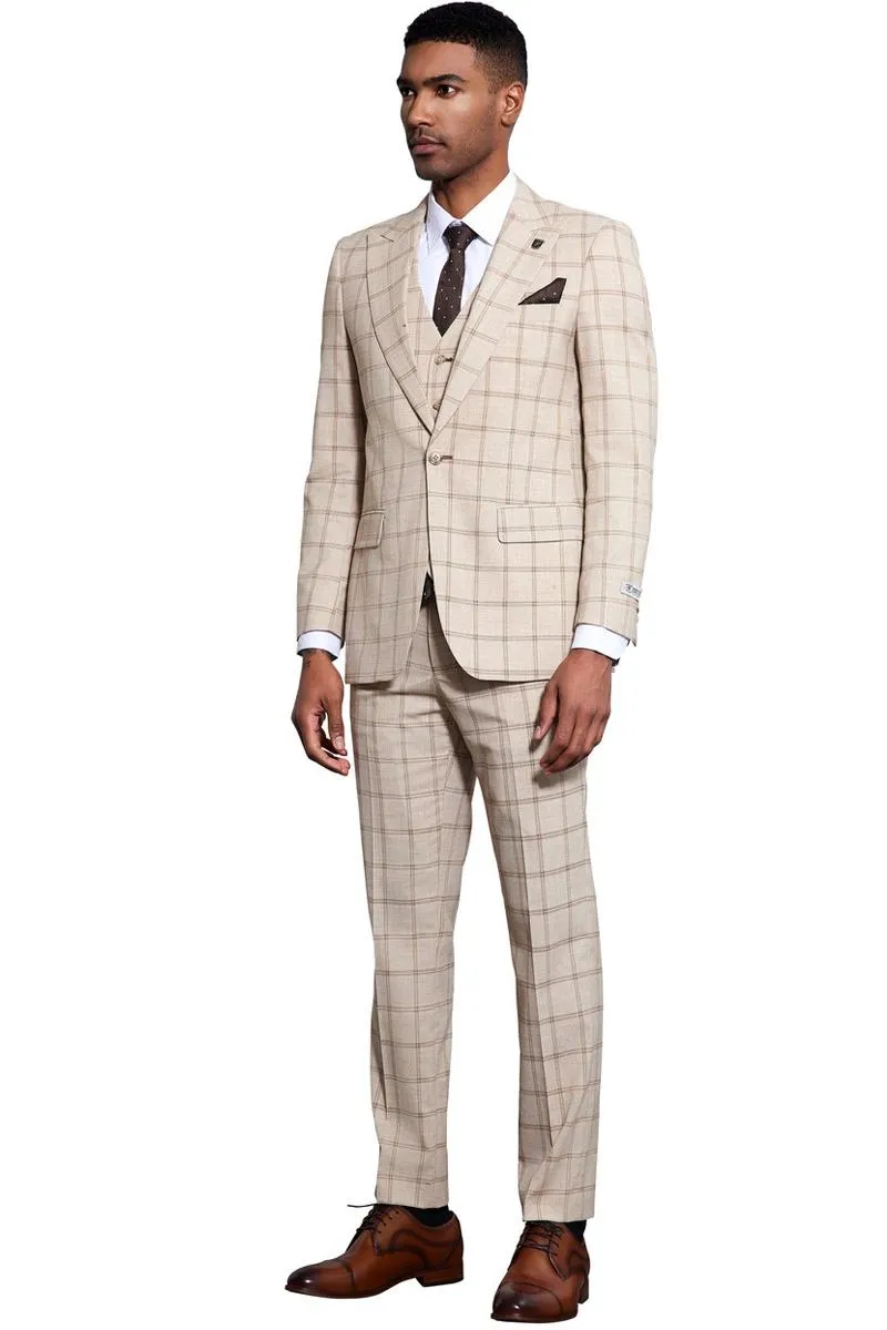 Men's Stacy Adams One Button Peak Lapel Vested Windowpane Plaid Suit in Tan sold by Alberto Nardoni product image thumbnail 5