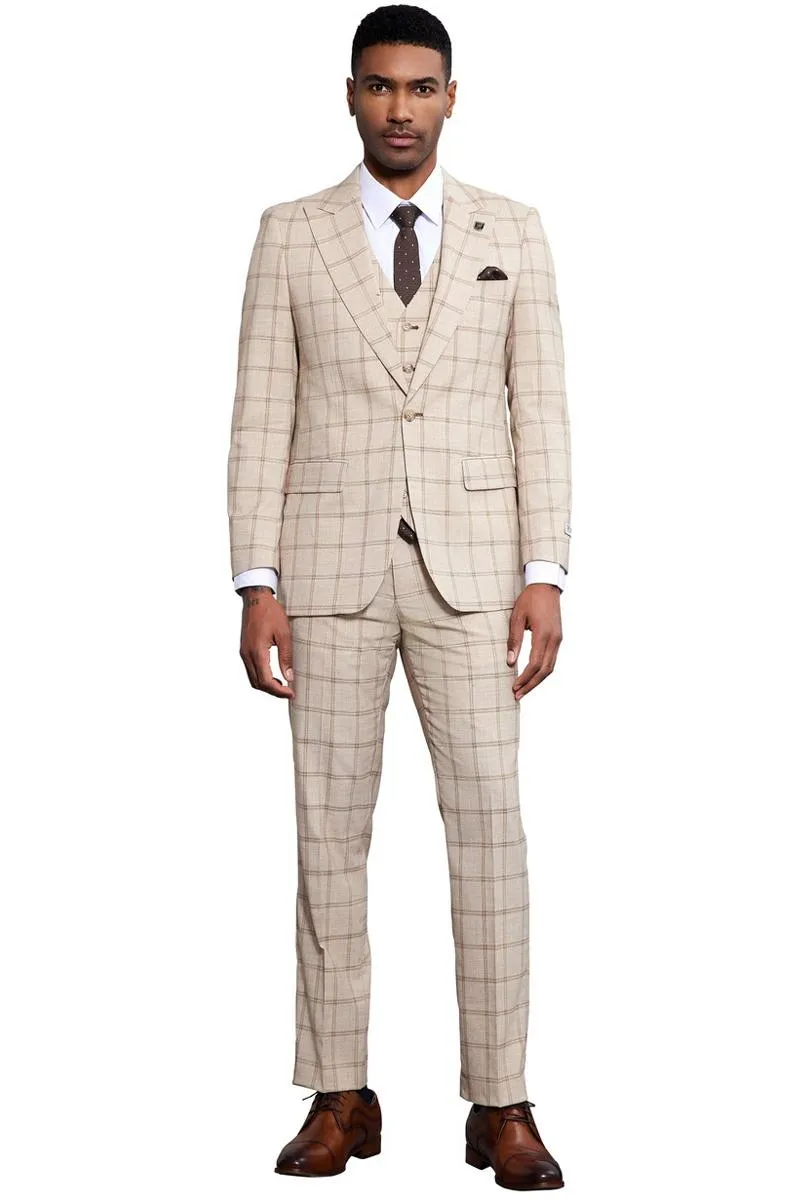 Men's Stacy Adams One Button Peak Lapel Vested Windowpane Plaid Suit in Tan sold by Alberto Nardoni product image thumbnail 2