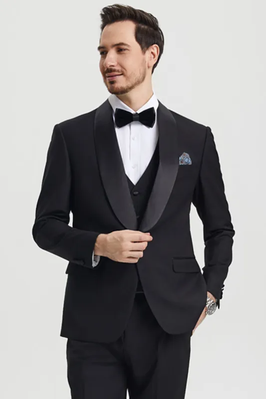 Men's Stacy Adams Vested One Button Shawl Lapel Designer Tuxedo in Black sold by Alberto Nardoni