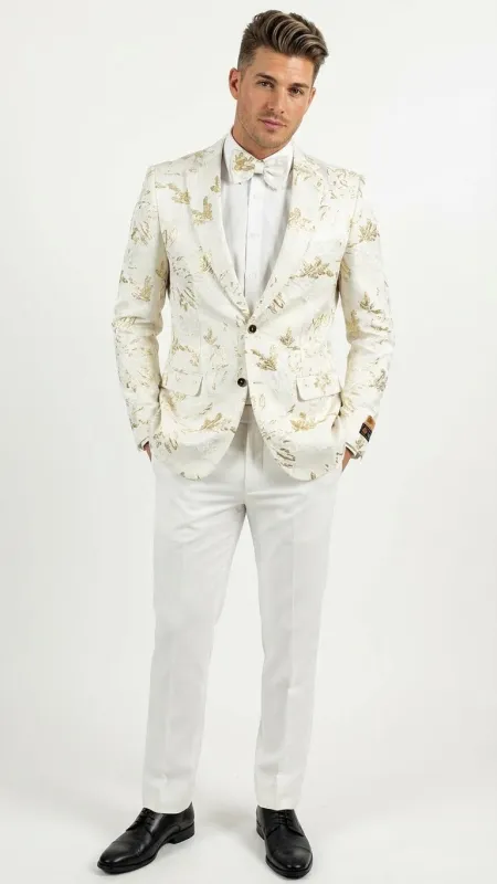 Mens White and Gold Patterned Blazer Paisley Floral Pattern Prom Wedding Suit Tuxedo Dinner Jacket + Bowtie sold by Alberto Nardoni