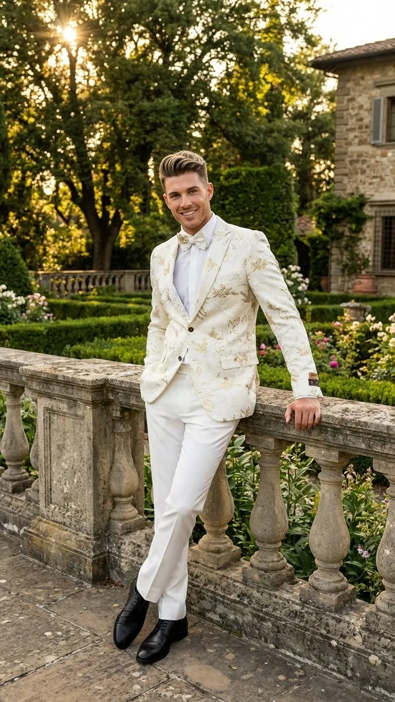 Mens White and Gold Patterned Blazer Paisley Floral Pattern Prom Wedding Suit Tuxedo Dinner Jacket + Bowtie sold by Alberto Nardoni product image thumbnail 5