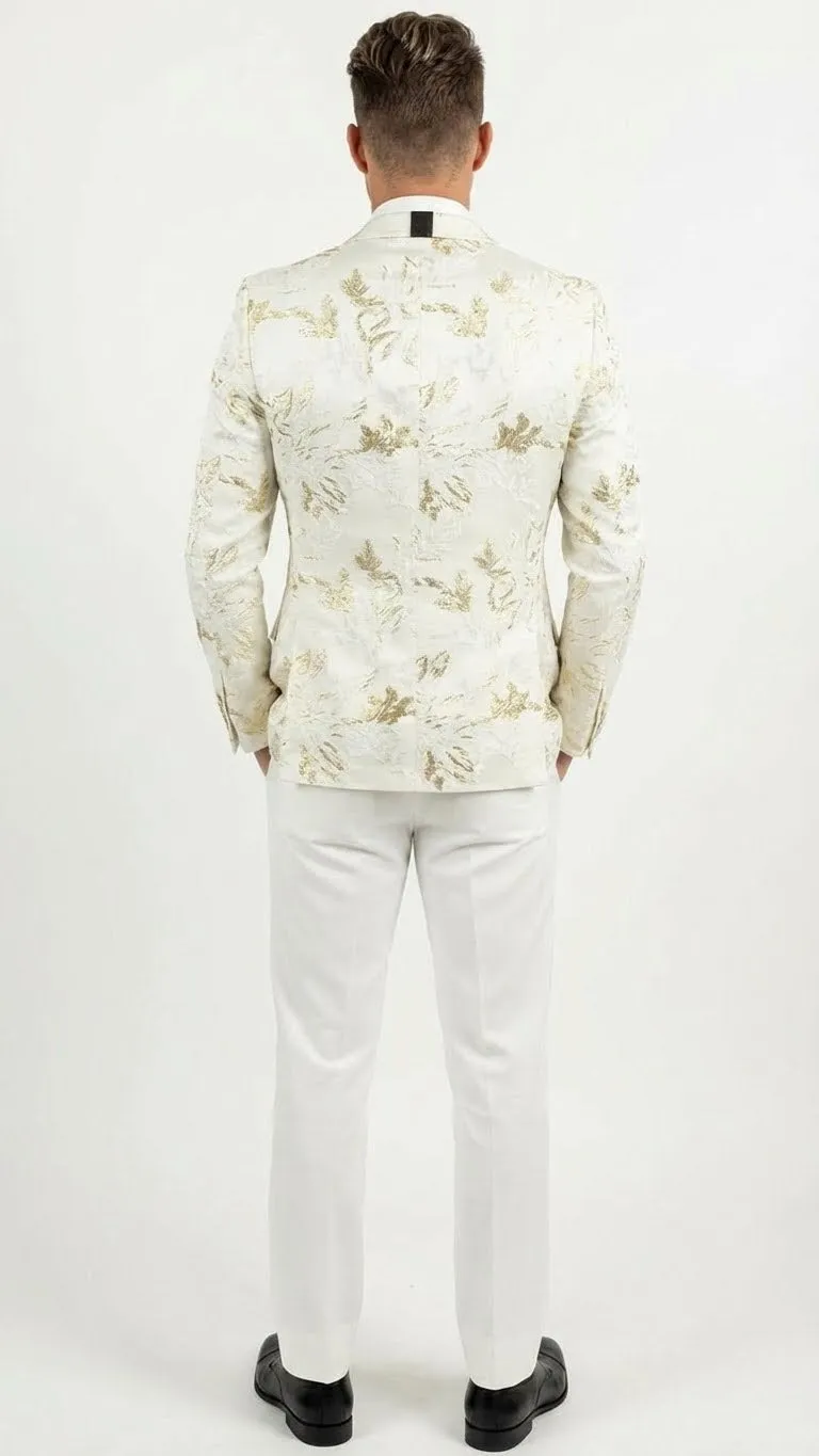 Mens White and Gold Patterned Blazer Paisley Floral Pattern Prom Wedding Suit Tuxedo Dinner Jacket + Bowtie sold by Alberto Nardoni product image thumbnail 2