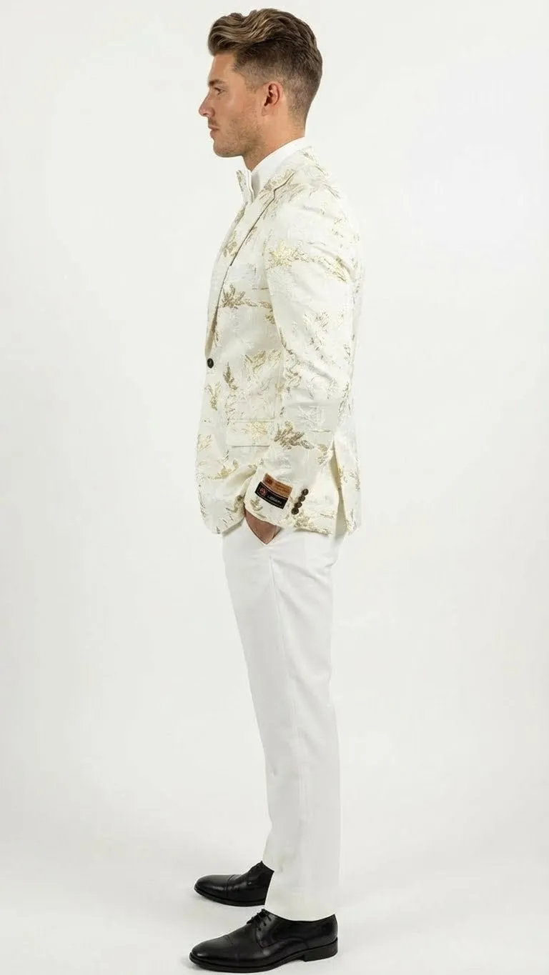 Mens White and Gold Patterned Blazer Paisley Floral Pattern Prom Wedding Suit Tuxedo Dinner Jacket + Bowtie sold by Alberto Nardoni product image thumbnail 3