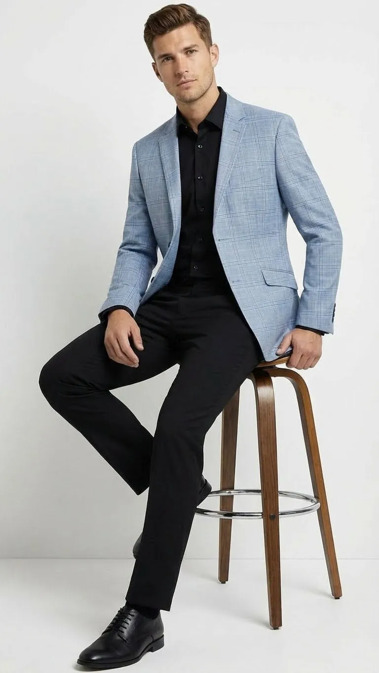 Mens Big and Tall Light Blue Checkered Blazer and Sport Coat Sky powder blue windowpane plaid pattern Jacket sold by Alberto Nardoni product image thumbnail 4