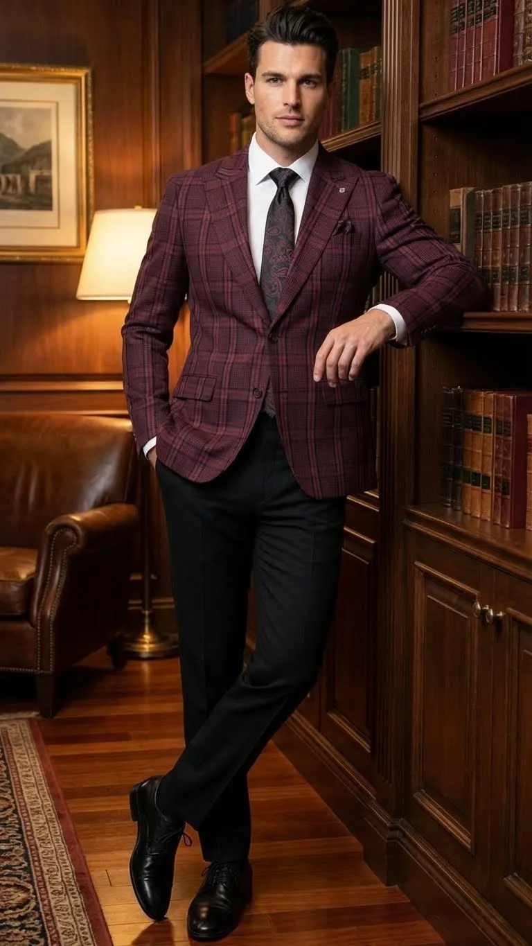 Mens Burgundy Check Blazer Windowpane Plaid blazer in Maroon Wine Color sold by Alberto Nardoni product image thumbnail 3