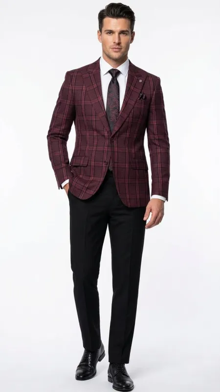 Mens Burgundy Check Blazer Windowpane Plaid blazer in Maroon Wine Color sold by Alberto Nardoni