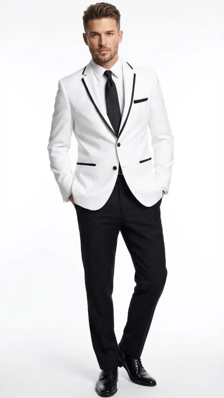 Menâ€™s White Blazer with Black Trim | Wedding and Party Formal Blazer Jacket - White Tuxedo Prom Jacket sold by Alberto Nardoni