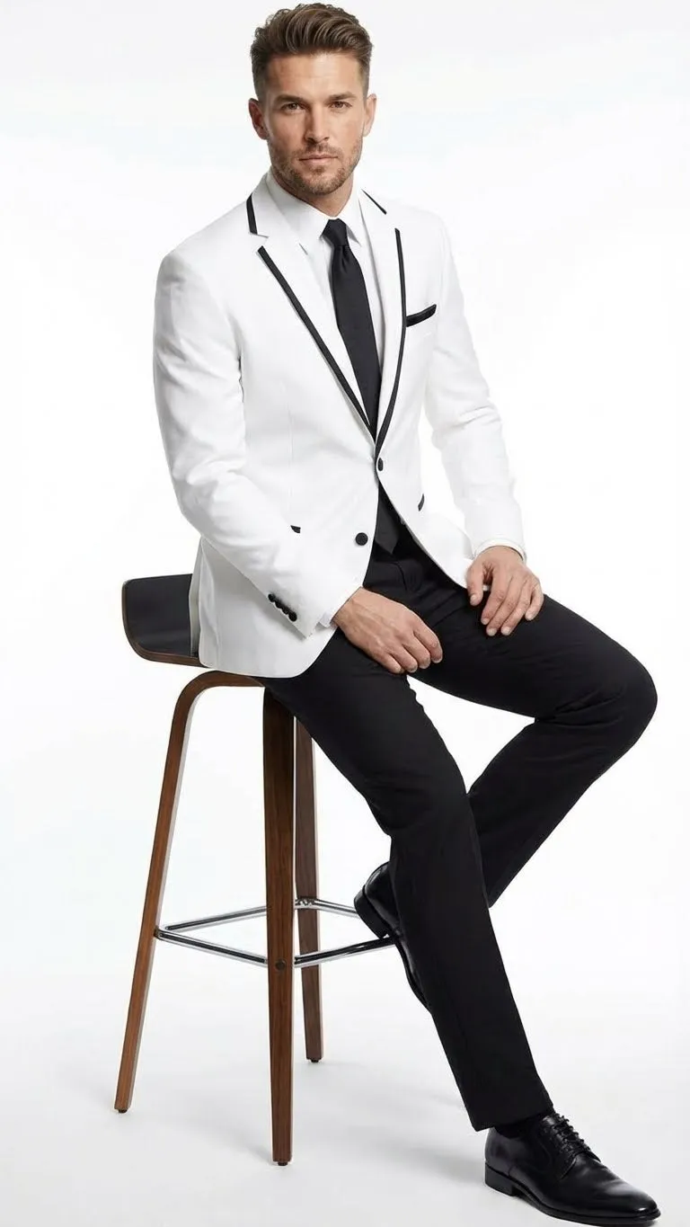 Mens White Blazer with Black Trim | Wedding and Party Formal Blazer Jacket - White Tuxedo Prom Jacket sold by Alberto Nardoni product image thumbnail 5