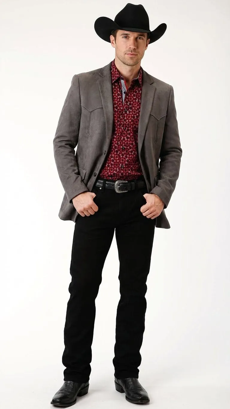 Mens Charcoal Gray Western Faux Suede Blazer Double Button Cowboy Jacket for Wedding & Party Wear sold by Alberto Nardoni